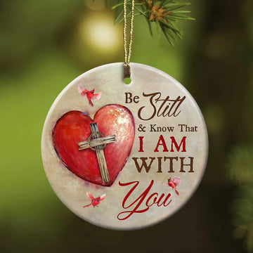 litzzy Jesus - Heart with a cross - Be still and know that I am with you - Heart Ceramic Ornament    
