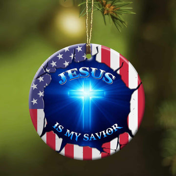 litzzy Jesus - Cross with U.S flag - Jesus is my savior - Circle Ceramic Ornament Ornament   