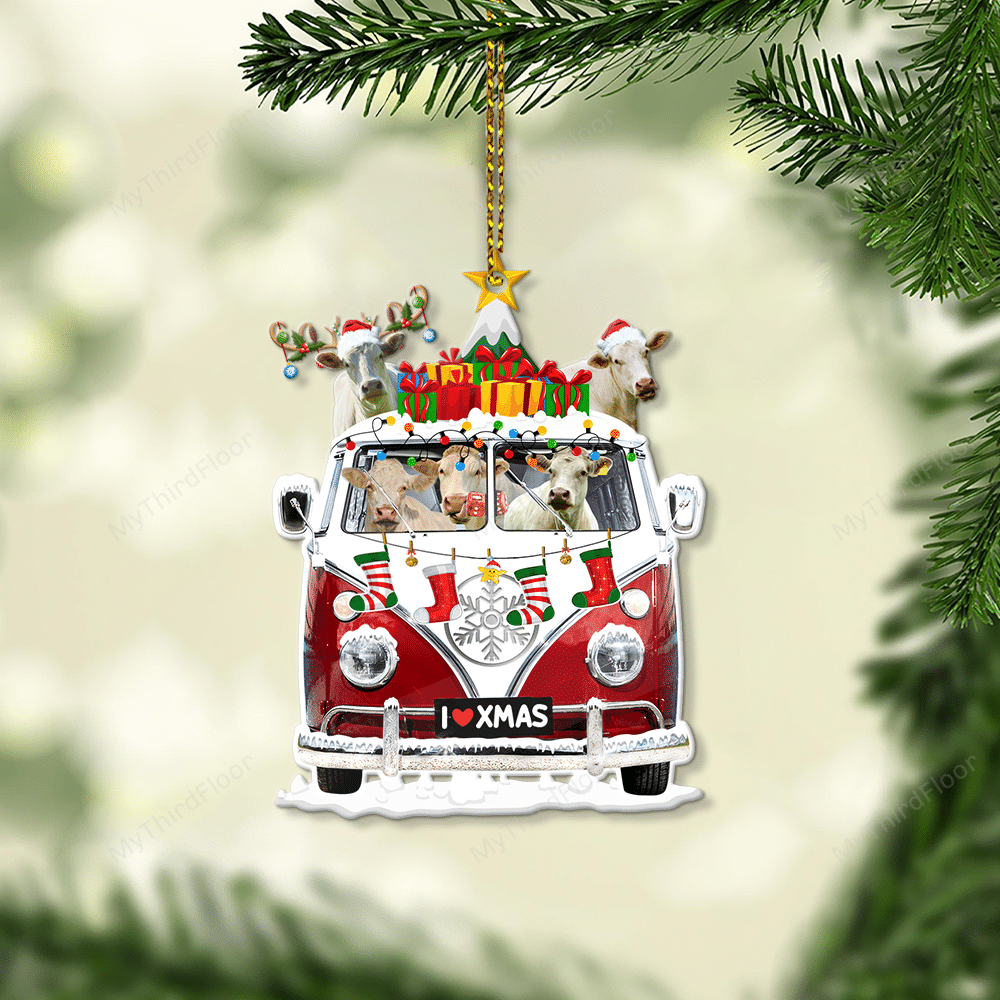 litzzy Charolais Cattle Lovers Christmas Van Custom Shape Acrylic Ornament Ornament   