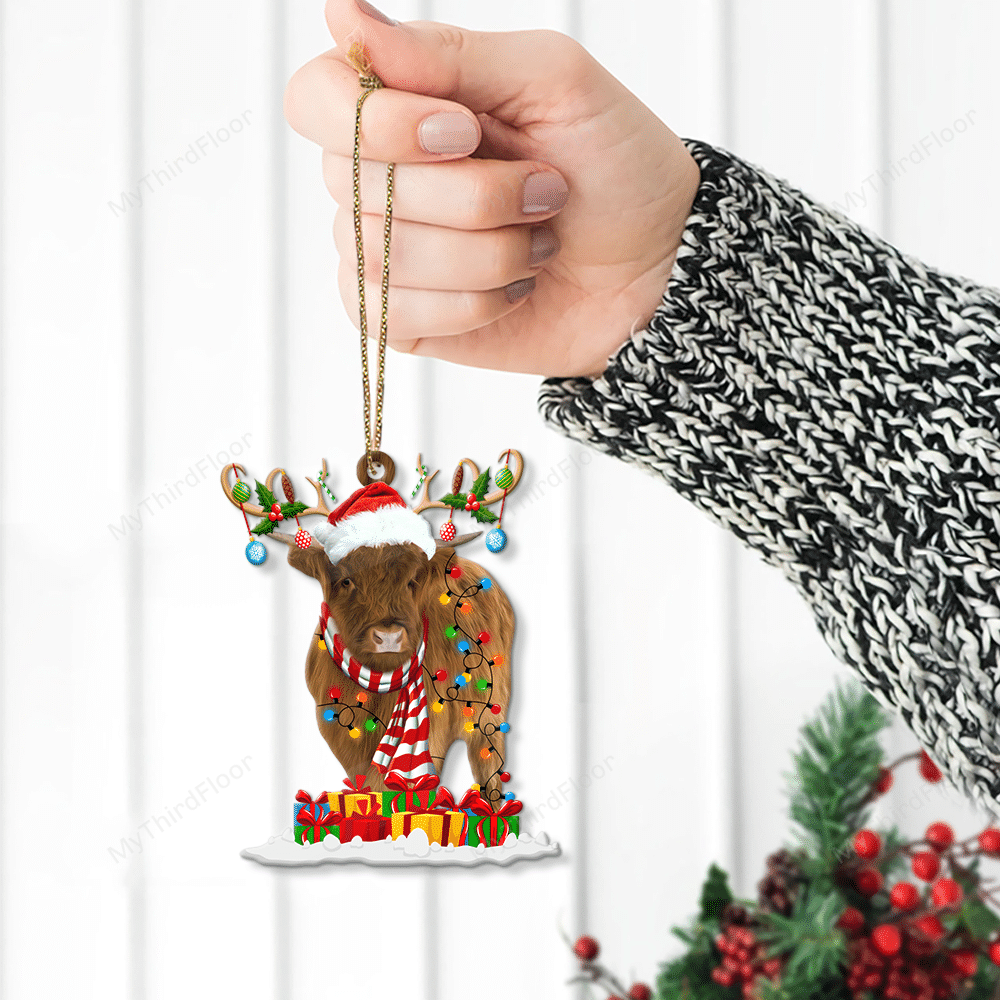 litzzy Highland Cattle Lovers Christmas Gift Santa Hat Custom Shape Acrylic Ornament Ornament   
