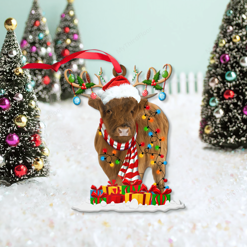 litzzy Highland Cattle Lovers Christmas Gift Santa Hat Custom Shape Acrylic Ornament Ornament   