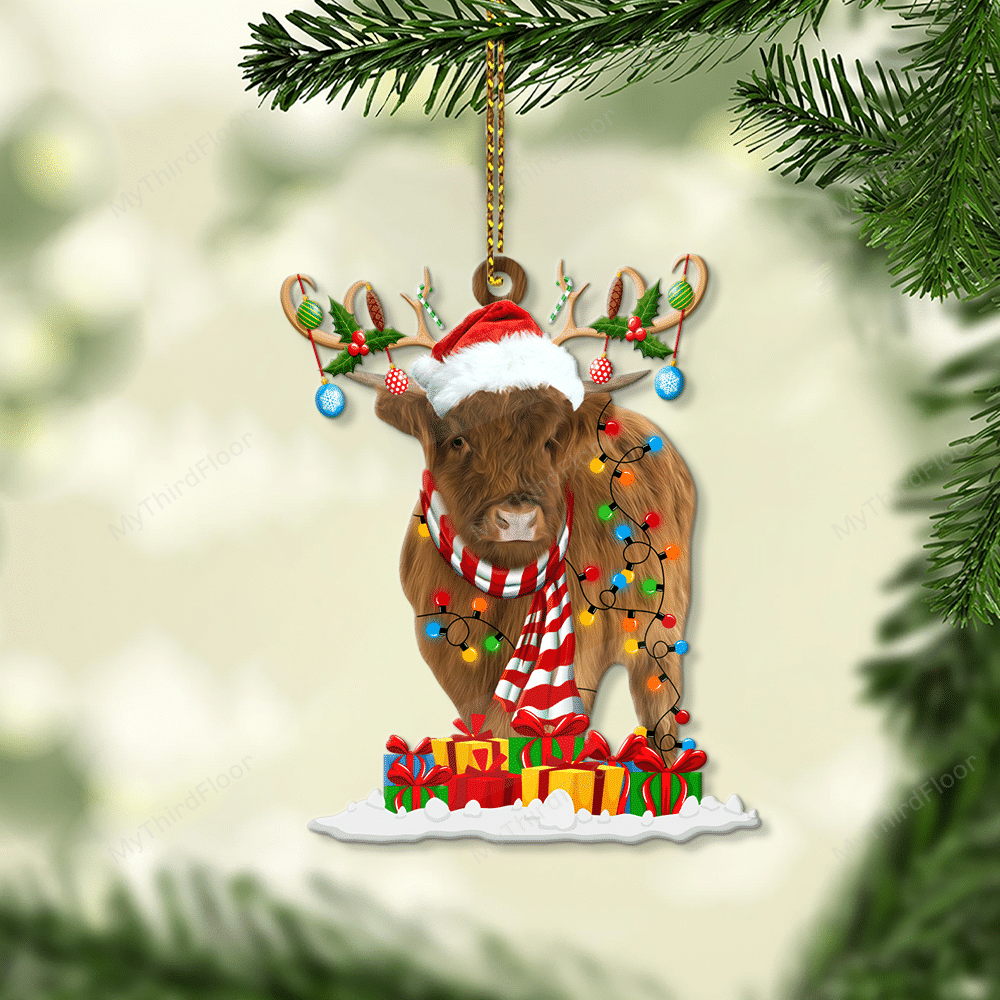 litzzy Highland Cattle Lovers Christmas Gift Santa Hat Custom Shape Acrylic Ornament Ornament   