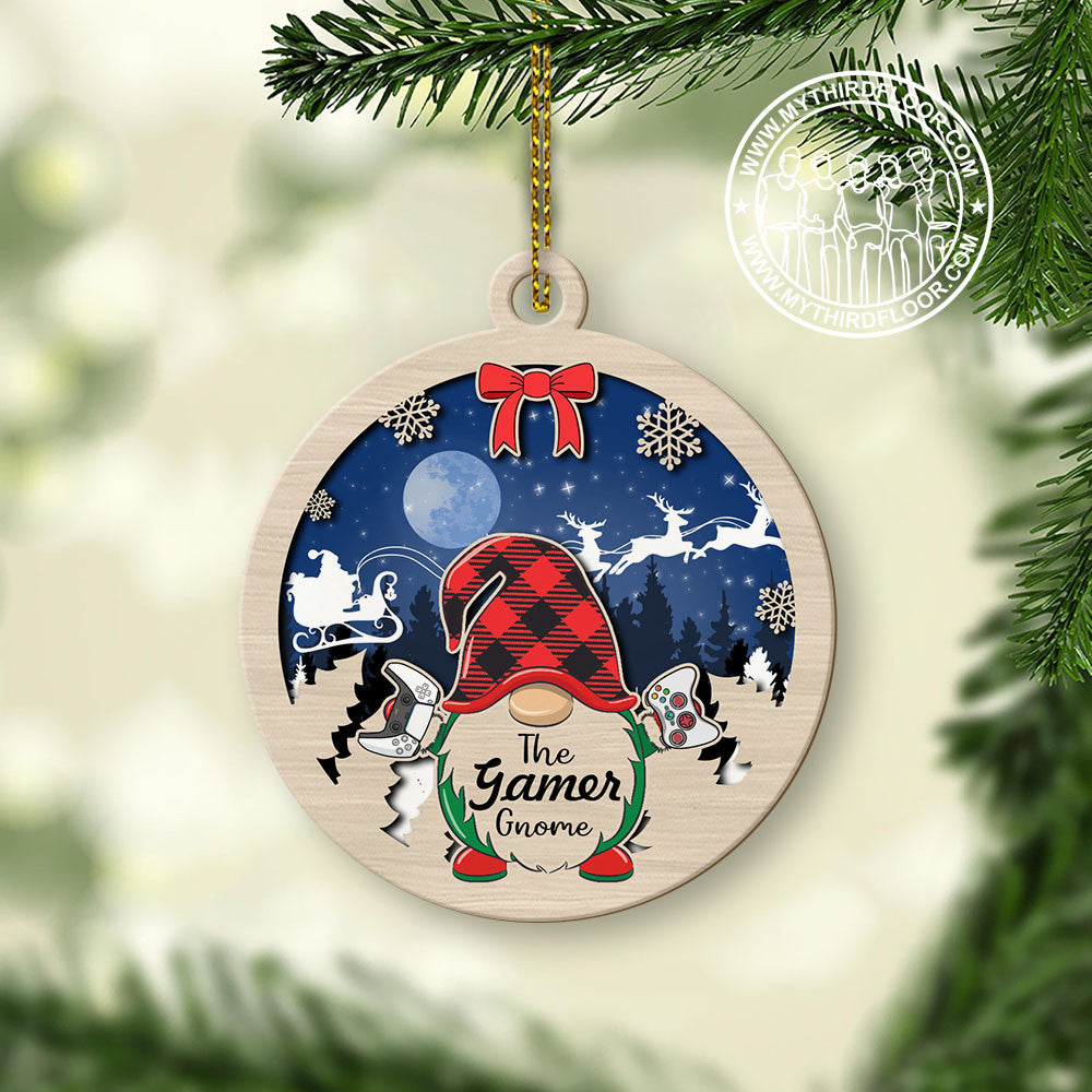 litzzy The Gamer Gnome Christmas Gift 2 Layered Wooden Ornament Ornament   
