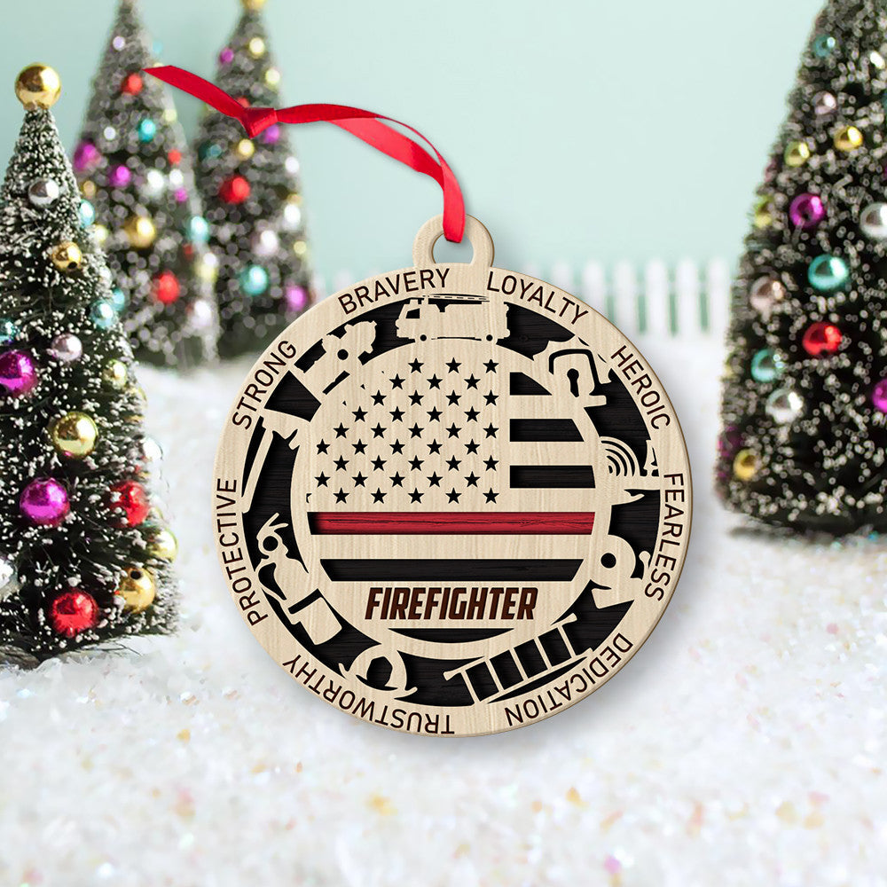 litzzy Thin Red Line Firefighter Christmas Gift 2 Layered Wooden Ornament Ornament   