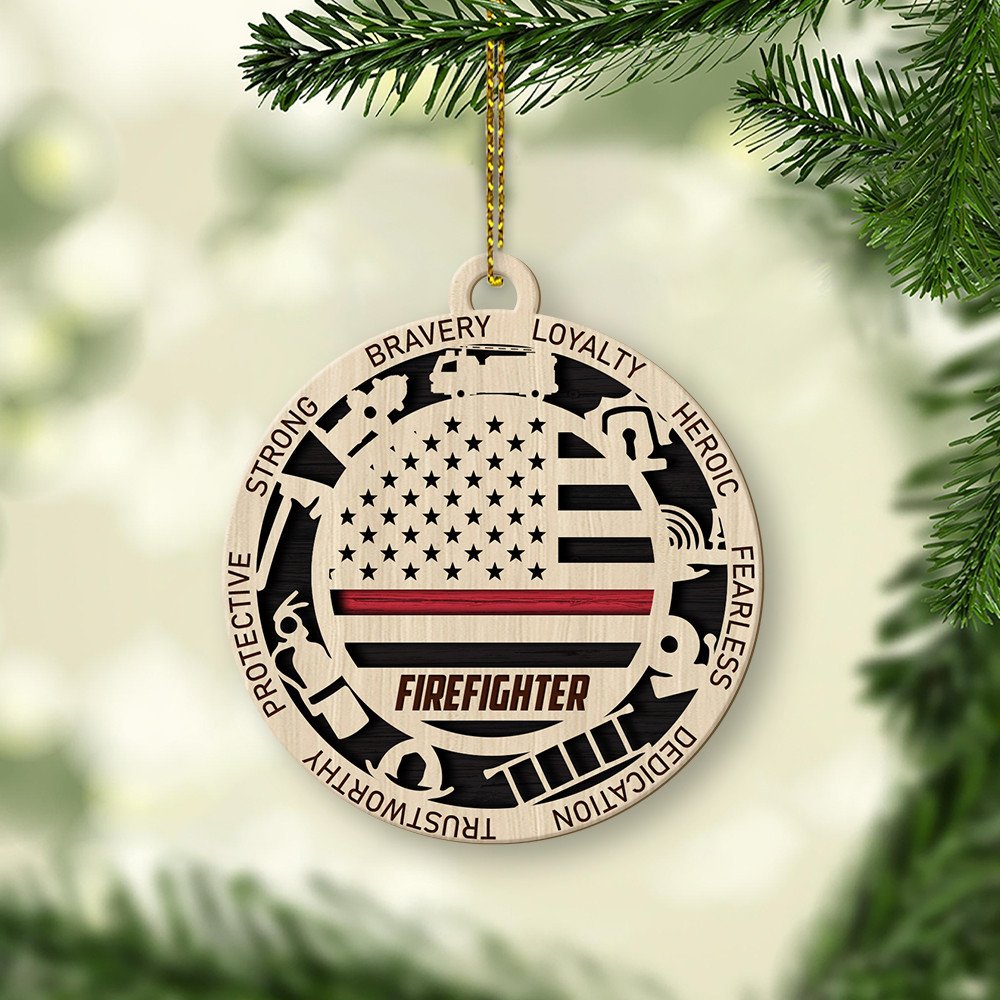 litzzy Thin Red Line Firefighter Christmas Gift 2 Layered Wooden Ornament Ornament   