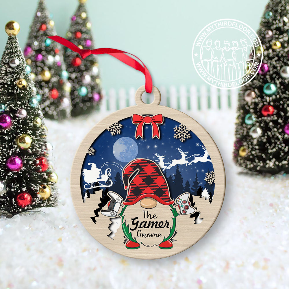 litzzy The Gamer Gnome Christmas Gift 2 Layered Wooden Ornament Ornament   