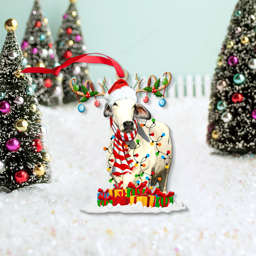 litzzy Brahman Cattle Lovers Christmas Gift Santa Hat Custom Shape Acrylic Ornament Ornament   