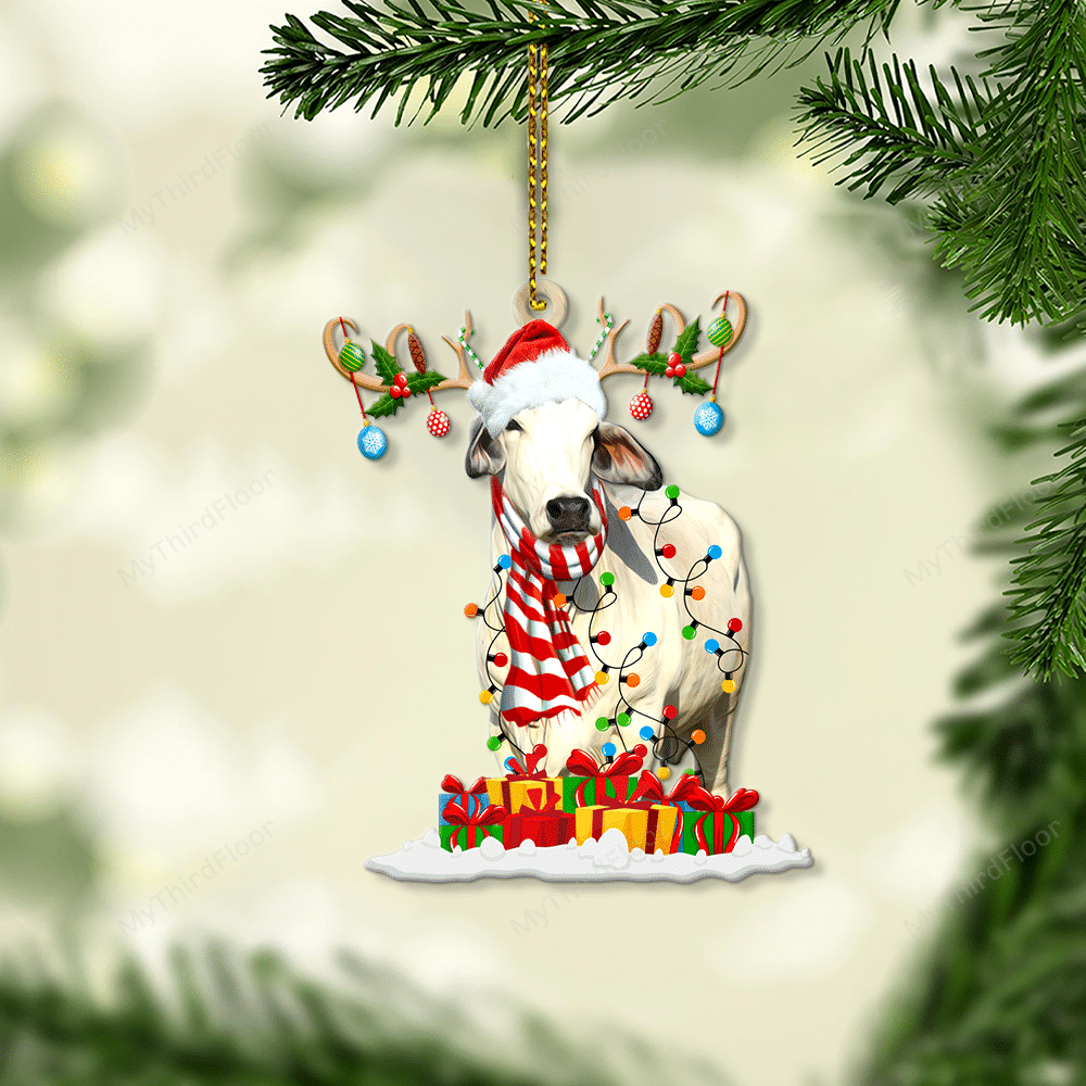 litzzy Brahman Cattle Lovers Christmas Gift Santa Hat Custom Shape Acrylic Ornament Ornament   