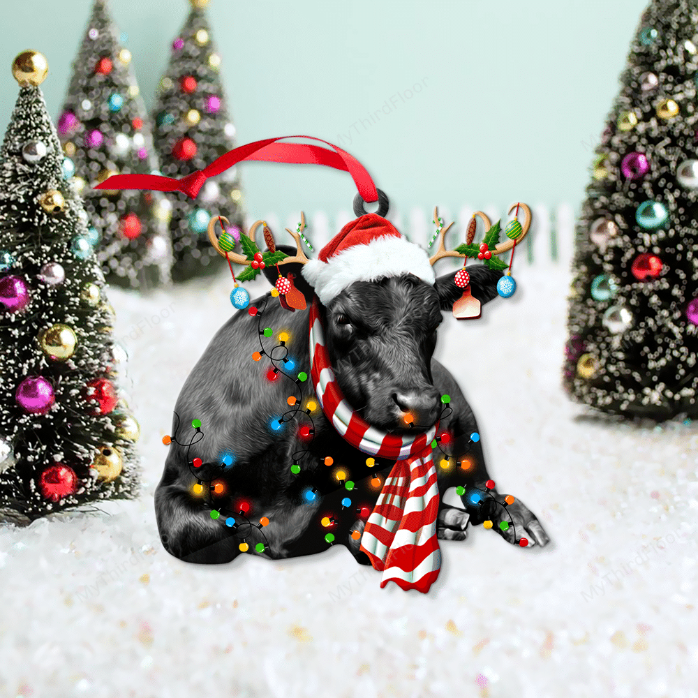litzzy Black Angus Cattle Lovers Christmas Gift Santa Hat Custom Shape Acrylic Ornament Ornament   