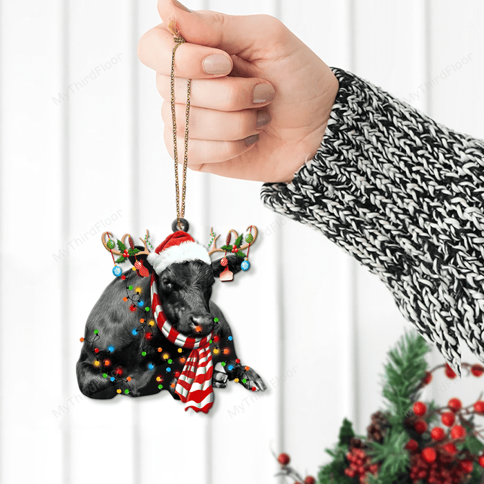 litzzy Black Angus Cattle Lovers Christmas Gift Santa Hat Custom Shape Acrylic Ornament Ornament   
