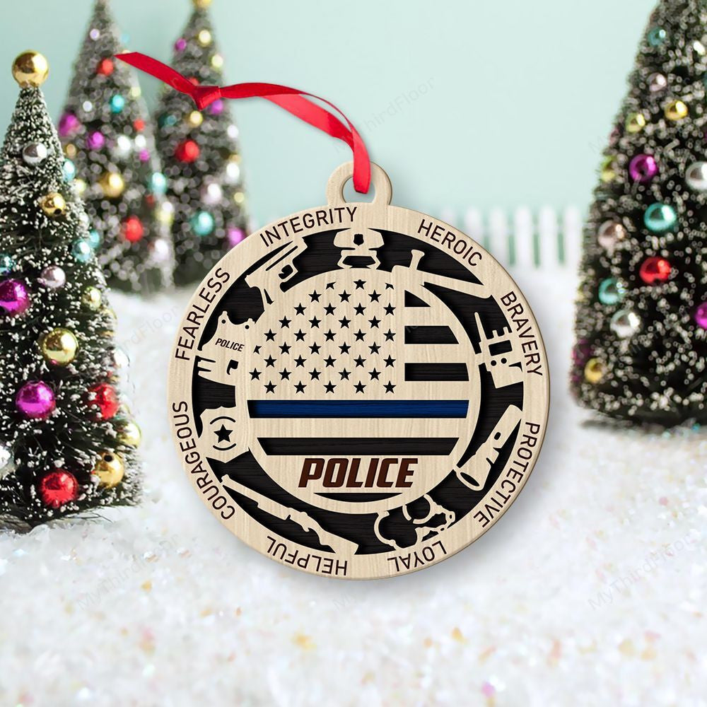 litzzy Thin Blue Line Police Christmas Gift 2 Layered Wooden Ornament Ornament   