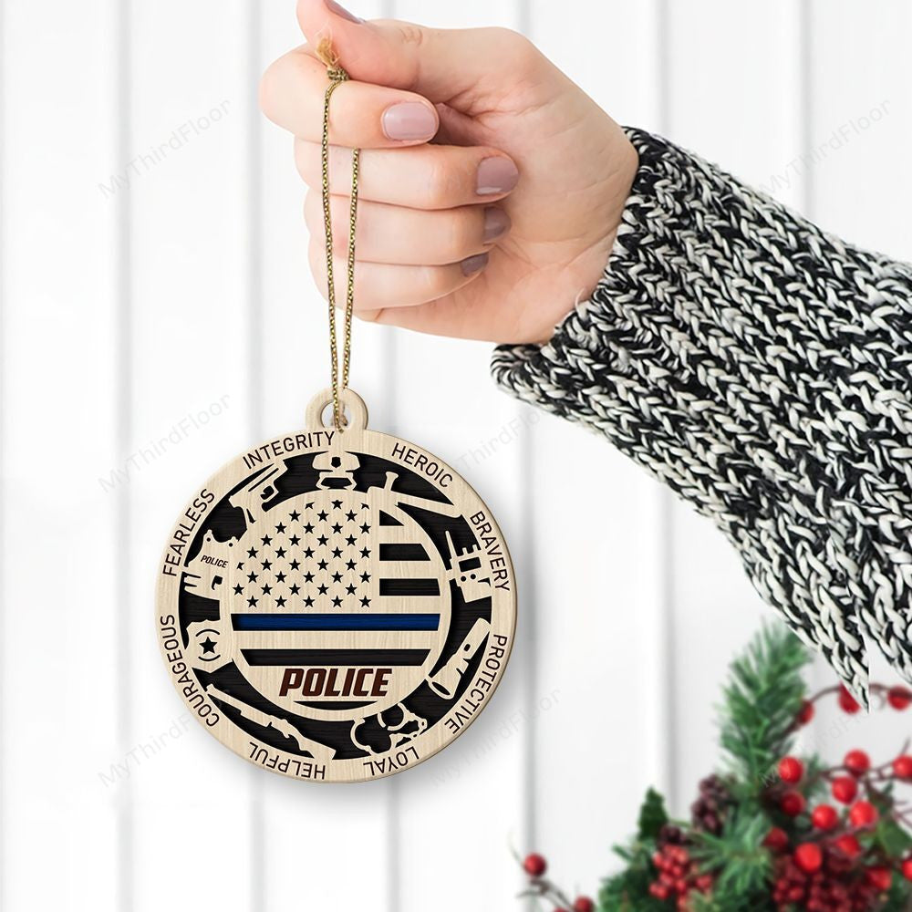litzzy Thin Blue Line Police Christmas Gift 2 Layered Wooden Ornament Ornament   
