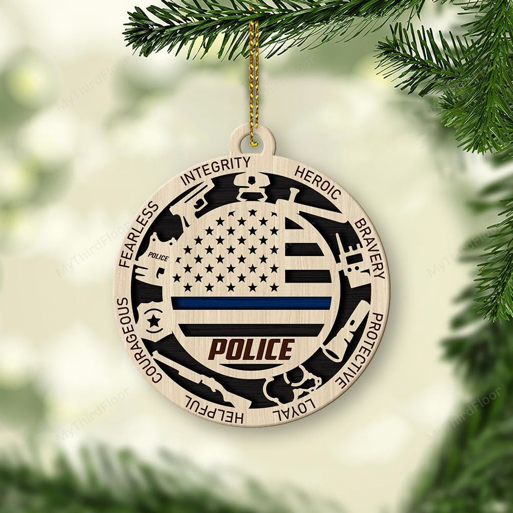 litzzy Thin Blue Line Police Christmas Gift 2 Layered Wooden Ornament Ornament   