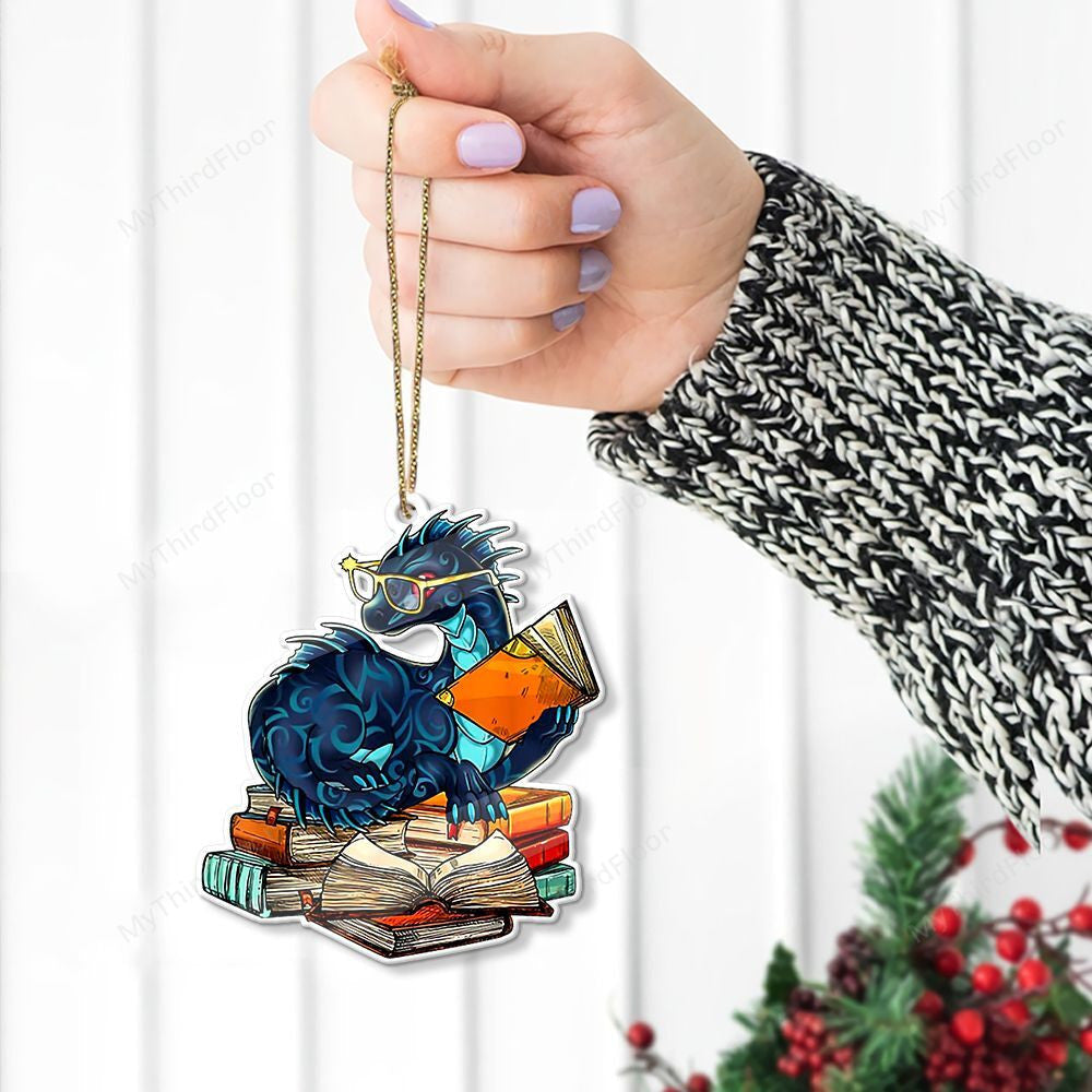 litzzy Reading Lovers Christmas Gift Dragon Reading Book Custom Shape Acrylic Ornament Ornament   