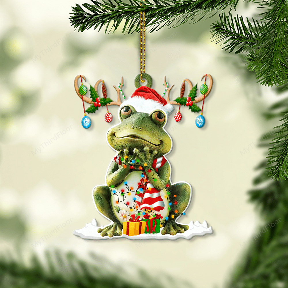 litzzy Frog Lovers Christmas Gift Santa Hat Custom Shape Acrylic Ornament Ornament   