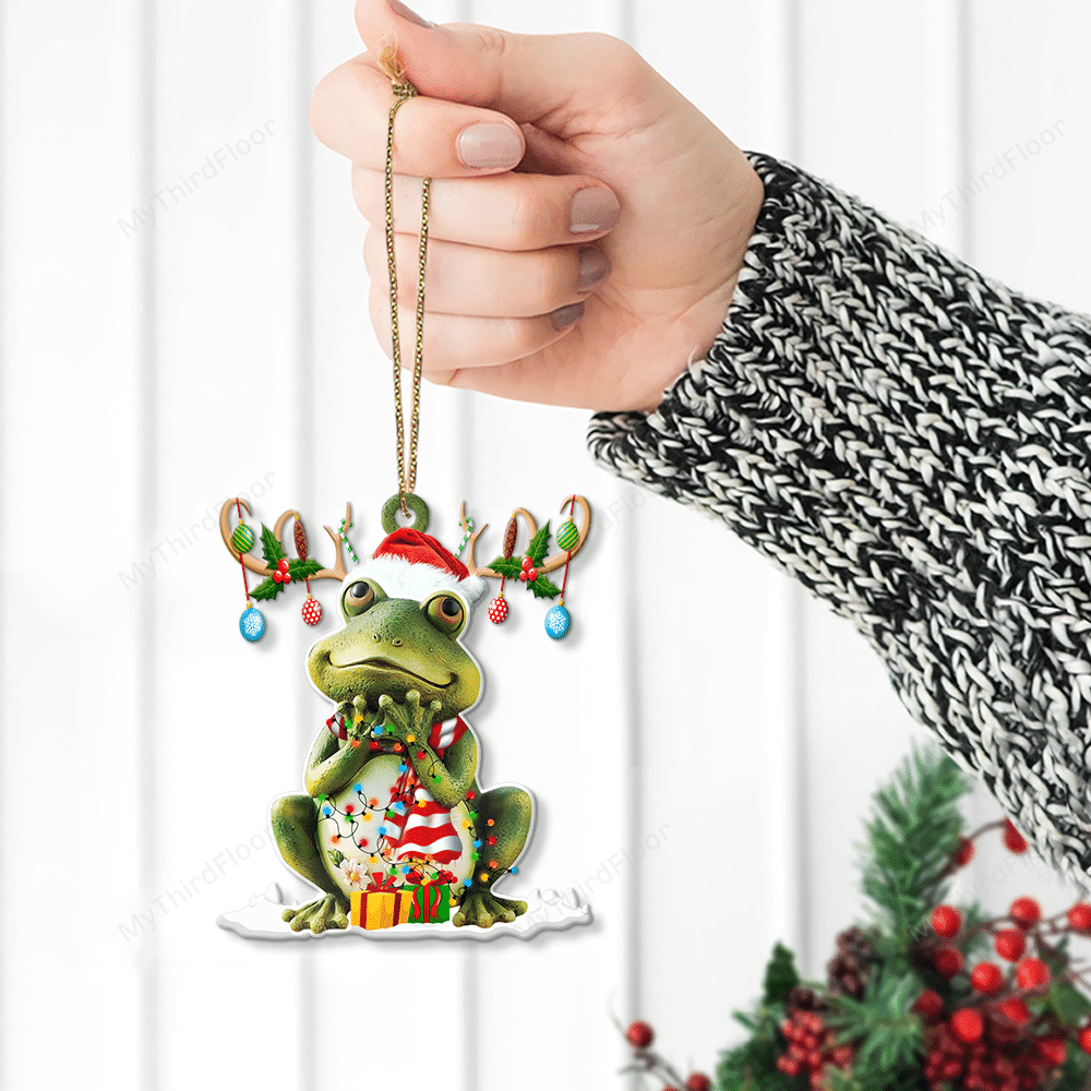 litzzy Frog Lovers Christmas Gift Santa Hat Custom Shape Acrylic Ornament Ornament   