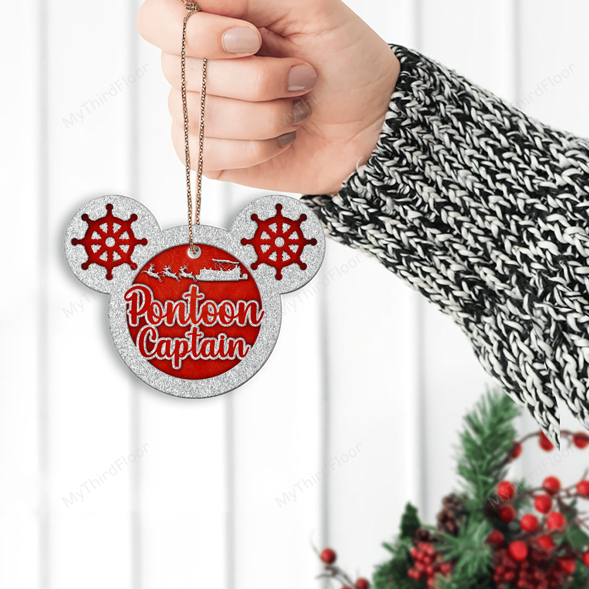 litzzy Pontoon Captain Funny Christmas Gift 2 Layered Wooden Ornament Ornament   