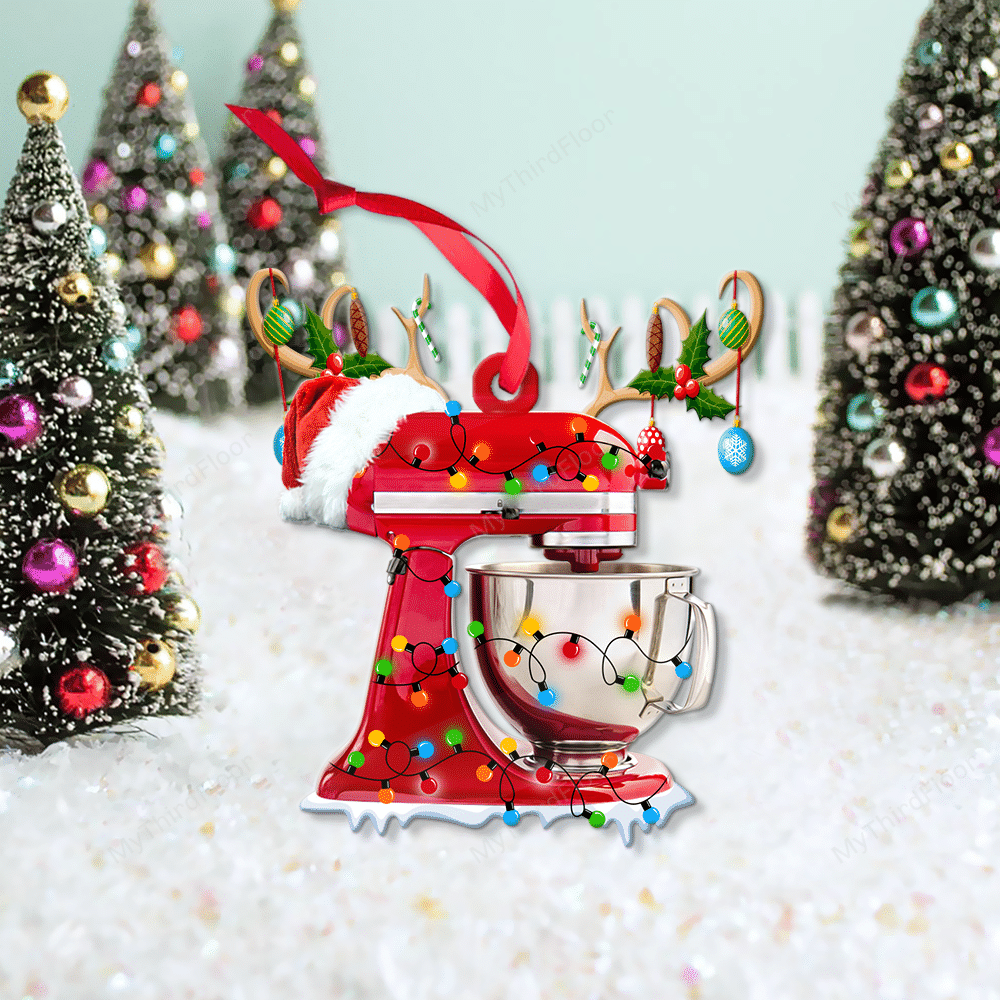 litzzy Baking Lovers Christmas Gift Stand Mixer With Santa Hat Custom Shape Acrylic Ornament Ornament   