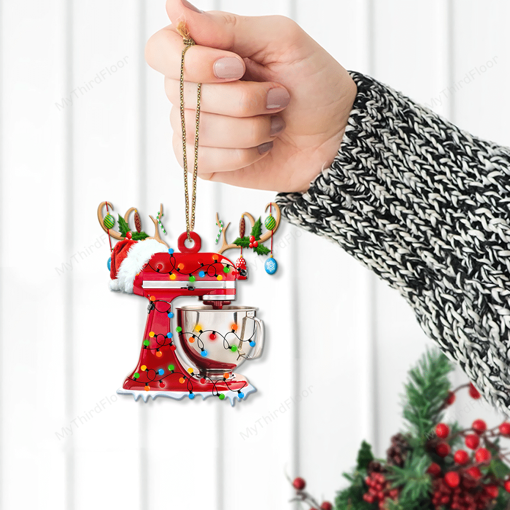 litzzy Baking Lovers Christmas Gift Stand Mixer With Santa Hat Custom Shape Acrylic Ornament Ornament   