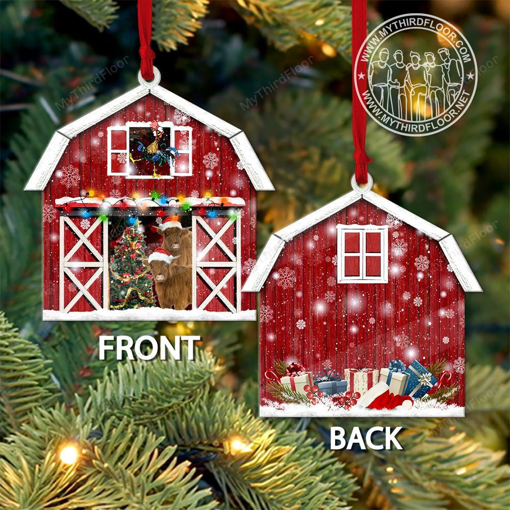 litzzy Highland Catte Lovers Christmas Gift Red Barn Custom Shape Acrylic Ornament Ornament   