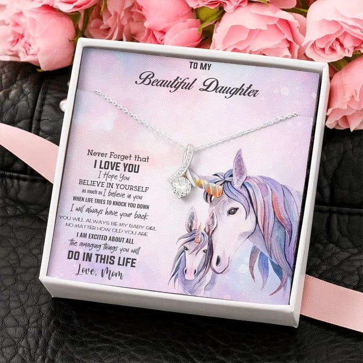 litzzy Personalized Unicorn Mom Necklace, Mom and Daughter Necklace for Mother who loves Unicorn Message Card Necklace For Mom, Mother's Day Gifts From Daughter Jewelry Style 3 Standard Box 