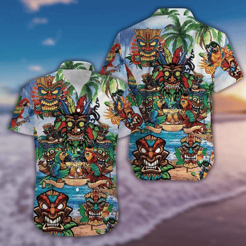 litzzy Litzzy Hawaiian Shirts - Tiki On The Beach Hawaiian Shirt Aloha Hawaii Shirt Aloha Shirt For Summer - Aloha Custom Hawaii Shirts For Beach Summer Hawaii Shirt Hawaiian Shirt S White