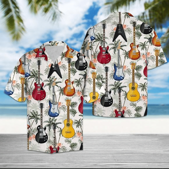 litzzy Litzzy Hawaiian Shirts - Guitar Tropical Vintage Hawaiian Shirt Aloha Hawaii Shirt Aloha Shirt For Summer - Aloha Custom Hawaii Shirts For Beach Summer Hawaii Shirt Hawaiian Shirt S White
