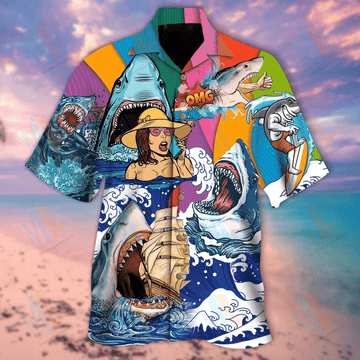 litzzy Litzzy Hawaiian Shirts - Hippie Sharks On Sea Hawaiian Shirt Aloha Hawaii Shirt Aloha Shirt For Summer - Aloha Custom Hawaii Shirts For Beach Summer Hawaii Shirt Hawaiian Shirt S White