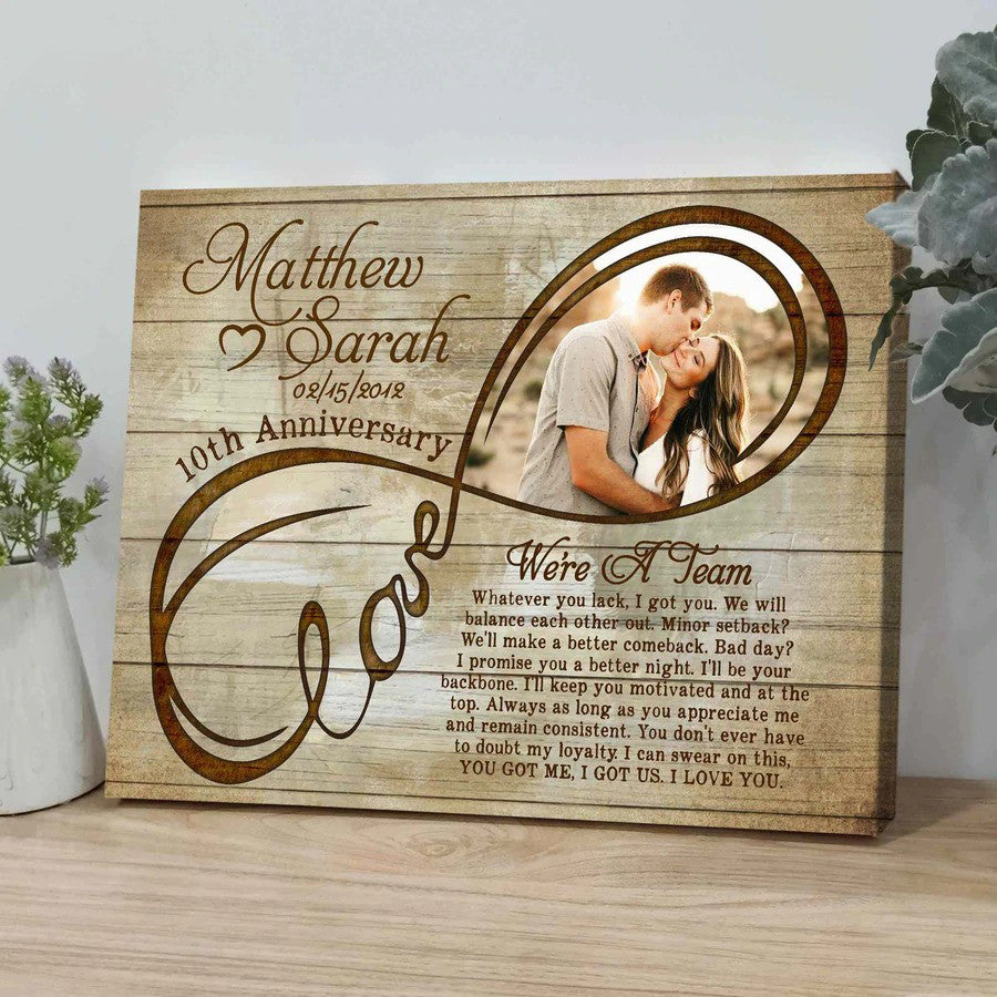 litzzy Wedding Anniversary 10 Year Gift, Infinity Love Custom Couple Photo Canvas, We're a team Canvas Wall Art for Bedroom Canvas Wall Art   