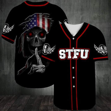 litzzy Litzzy Baseball Jersey - STFU American Flag Skull Baseball Jersey - Adult Unisex -Full Size (S - 5XL) - Jersey Shirt Unisex Custom Printed Jersey Shirt Unisex Custom Printed Baseball Jersey S  