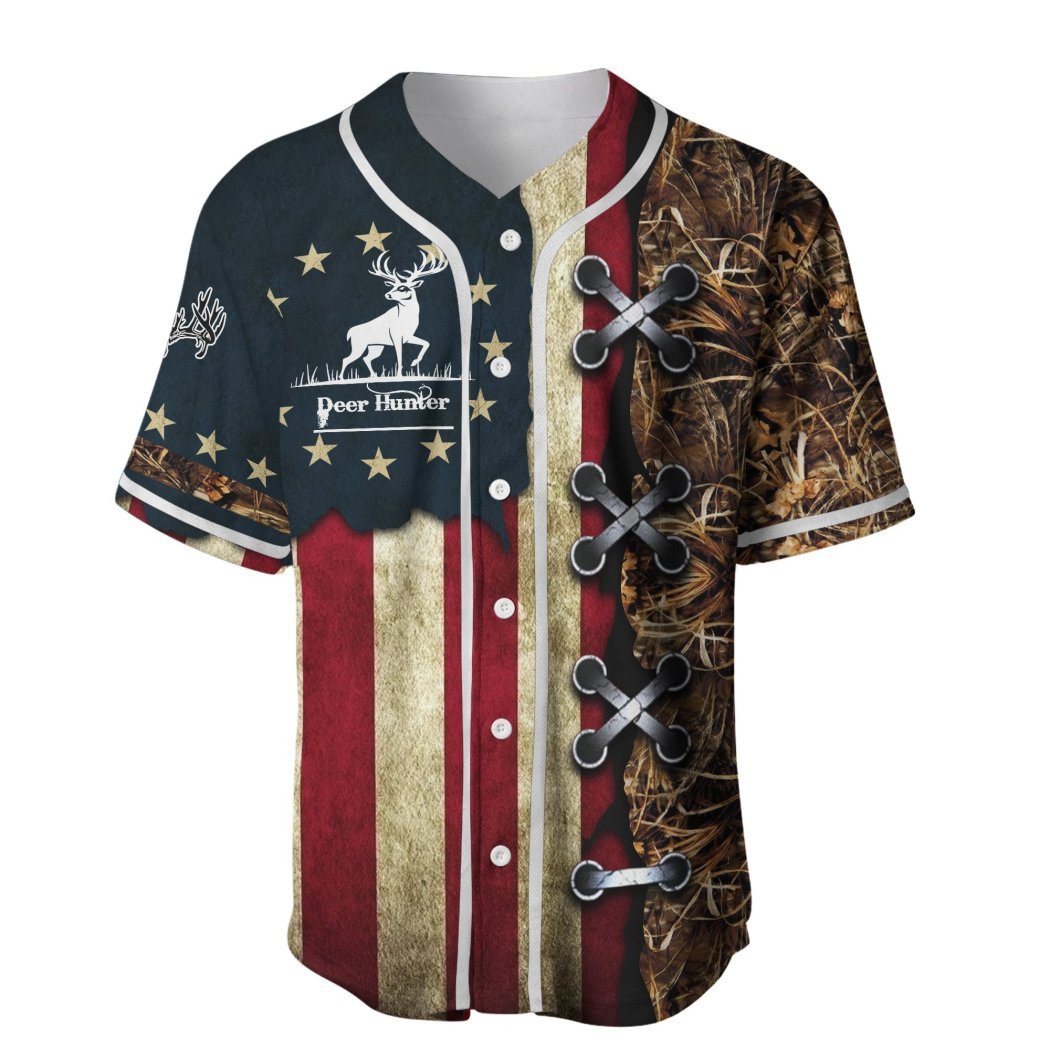 litzzy Litzzy Baseball Jersey - American Hunting Deer Flag Baseball Jersey - Adult Unisex - Full Size (S - 5XL) - Jersey Shirt Unisex Custom Printed Jersey Shirt Unisex Custom Printed Baseball Jersey   