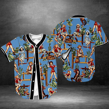 litzzy Litzzy Baseball Jersey - Strong Cowgirl Blue Pattern Baseball Jersey - Colorful - Adult Unisex - Full Size (S - 5XL) - Jersey Shirt Unisex Custom Printed Jersey Shirt Unisex Baseball Jersey S  