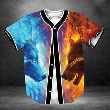 litzzy Litzzy Baseball Jersey - Fire And Ice Wolf Baseball Jersey - Colorful - Adult Unisex - Full Size (S - 5XL) - Jersey Shirt Unisex Custom Printed Baseball Jersey S  