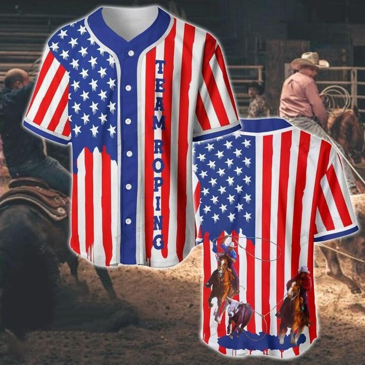 litzzy Litzzy Baseball Jersey - Team Roping U.S Flag Stripes Baseball Jersey - Adult Unisex - Full Size (S - 5XL) - Jersey Shirt Unisex Custom Printed Jersey Shirt Unisex Custom Printed Baseball Jersey S  