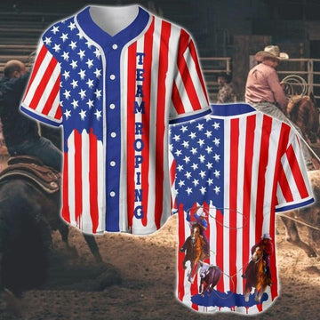 litzzy Litzzy Baseball Jersey - Team Roping U.S Flag Stripes Baseball Jersey - Adult Unisex - Full Size (S - 5XL) - Jersey Shirt Unisex Custom Printed Jersey Shirt Unisex Custom Printed Baseball Jersey S  