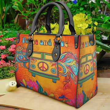 litzzy Hippie Psychedelic Camper Van Peace Sign Purse Leather Bag Handbag leather bag Black  