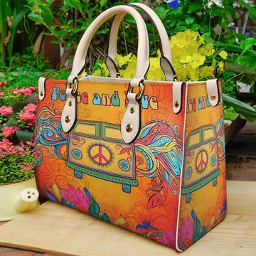litzzy Hippie Psychedelic Camper Van Peace Sign Purse Leather Bag Handbag leather bag White  