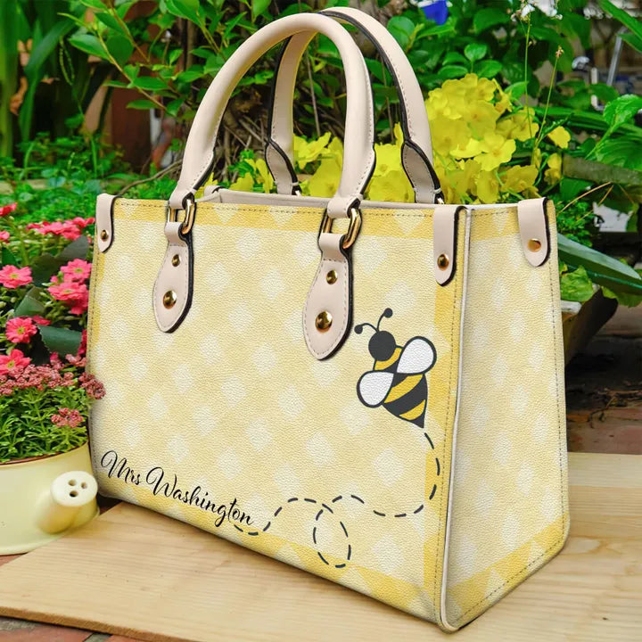 litzzy Bee Yellow Custom Name Purse Leather Bag Handbag leather bag White  