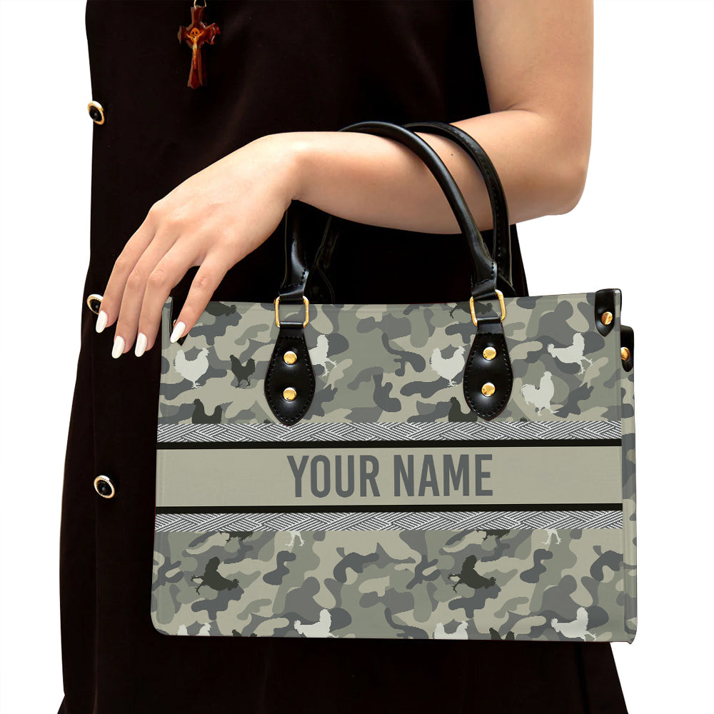 litzzy Personalized Chickens Purse Leather Bag Camo Handbag For Women leather bag Black  