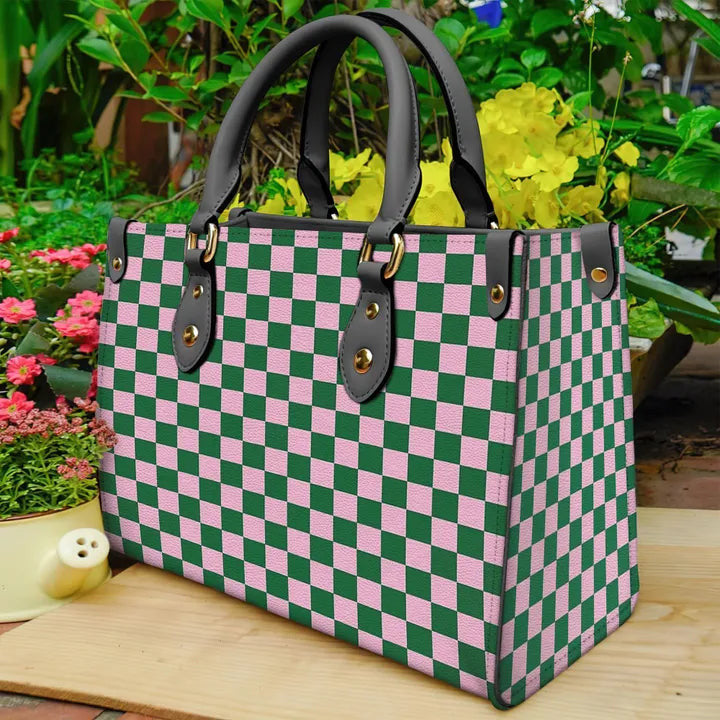 litzzy Cotton Candy Pink And Cadmium Green Checkerboard Purse Leather Bag Handbag leather bag Black  