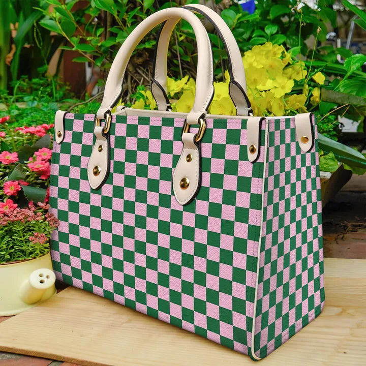 litzzy Cotton Candy Pink And Cadmium Green Checkerboard Purse Leather Bag Handbag leather bag White  