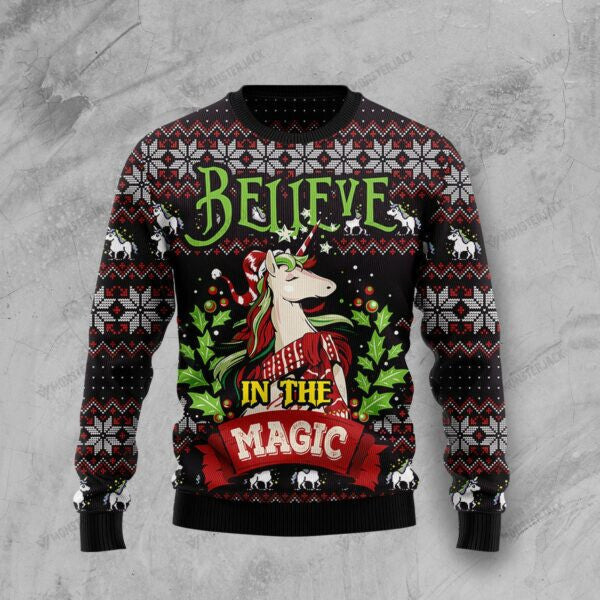litzzy UnicornSweater014 | Unicorn Believe In The Magic – Ugly Christmas Sweatshirt - Best Gift For Christmas, Noel Malalan - Christmas Signature sweater Ugly Sweaters Adult Size S 