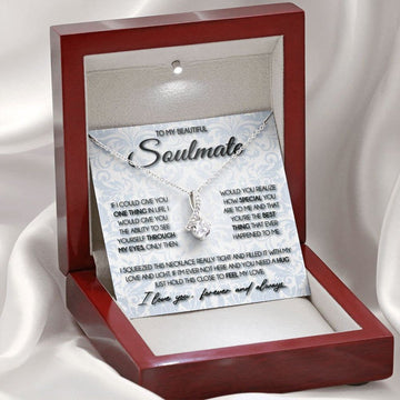 litzzy To My Beautiful Soulmate - I Love You Necklace - Gift for Wife, Girlfriend, Anniversary Gift, Birthday Gifts Jewelry 14k White Gold Finish Mahogany Style Luxury Box 