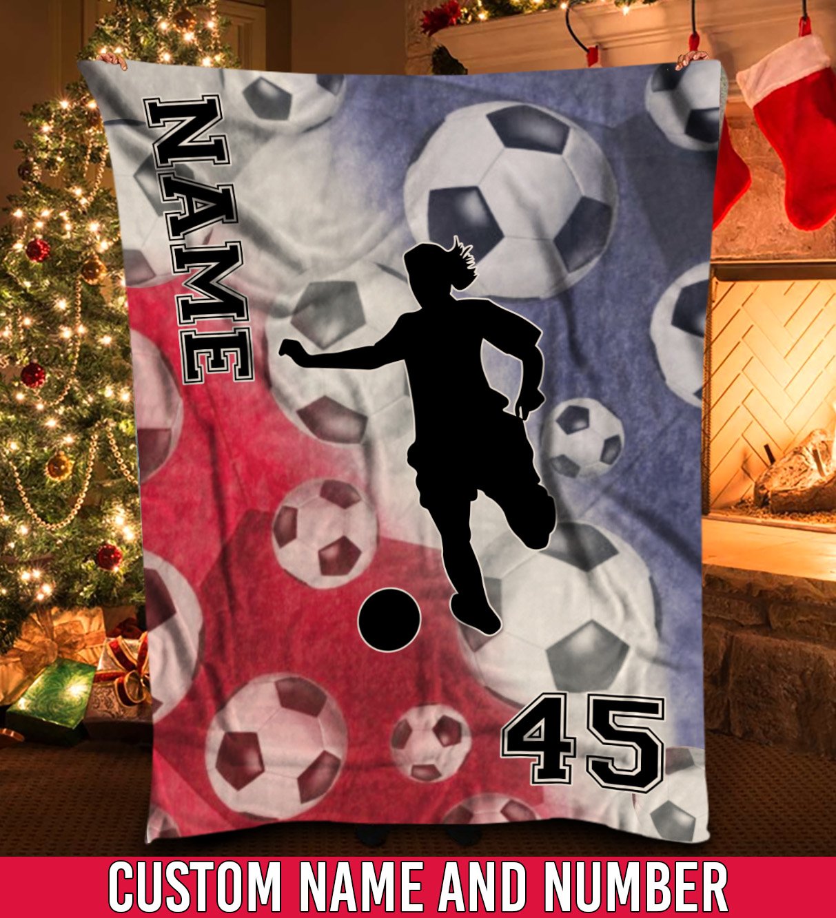 litzzy Personalized Red White Blue Soccer Silhouette Fleece Blanket - Tlnh0212201 Quilt Blanket 50x60  
