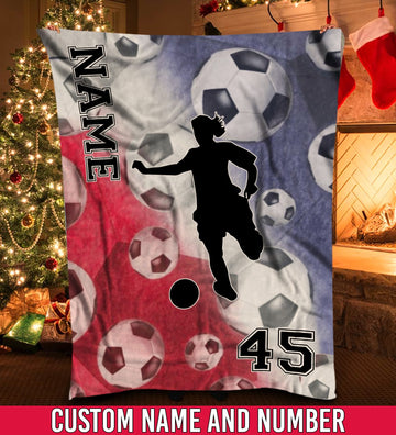 litzzy Personalized Red White Blue Soccer Silhouette Fleece Blanket - Tlnh0212201 Quilt Blanket 50x60  