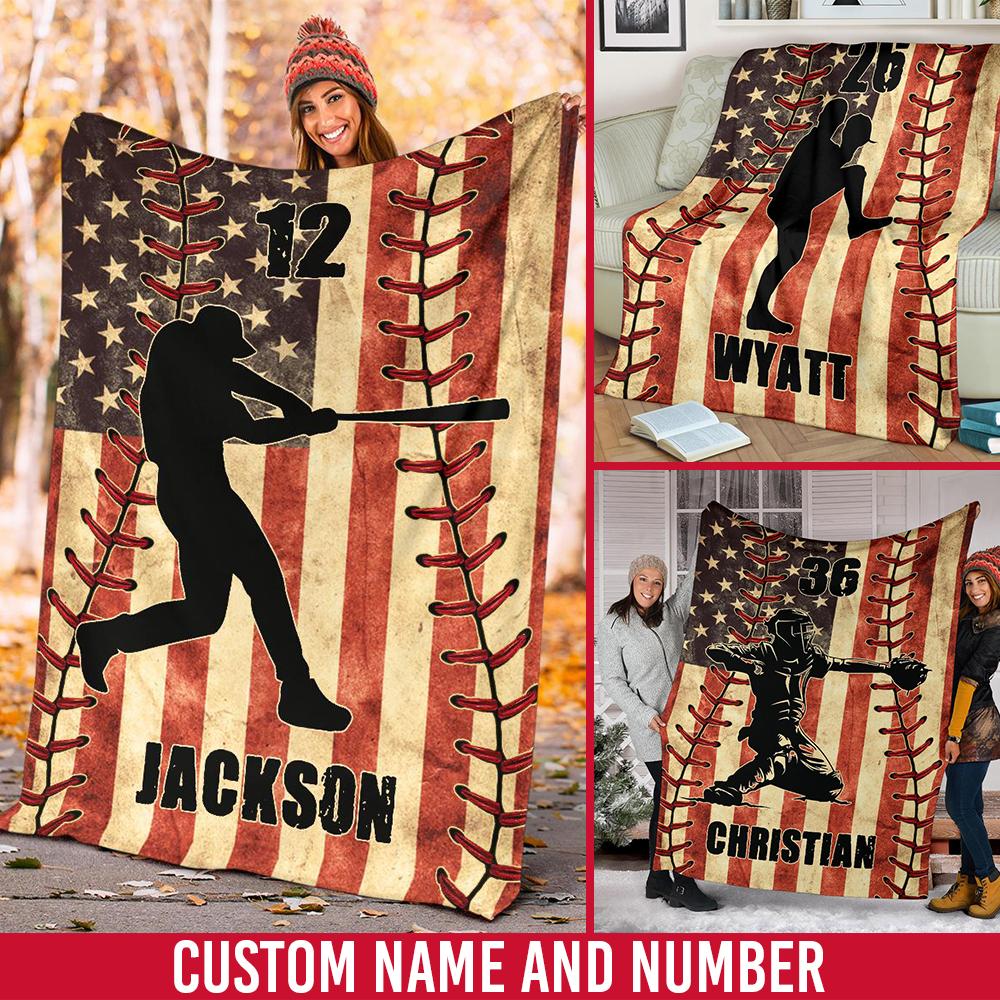 litzzy Personalized Baseball Player American Flag Fleece Blanket - Nh1811201 Quilt Blanket   
