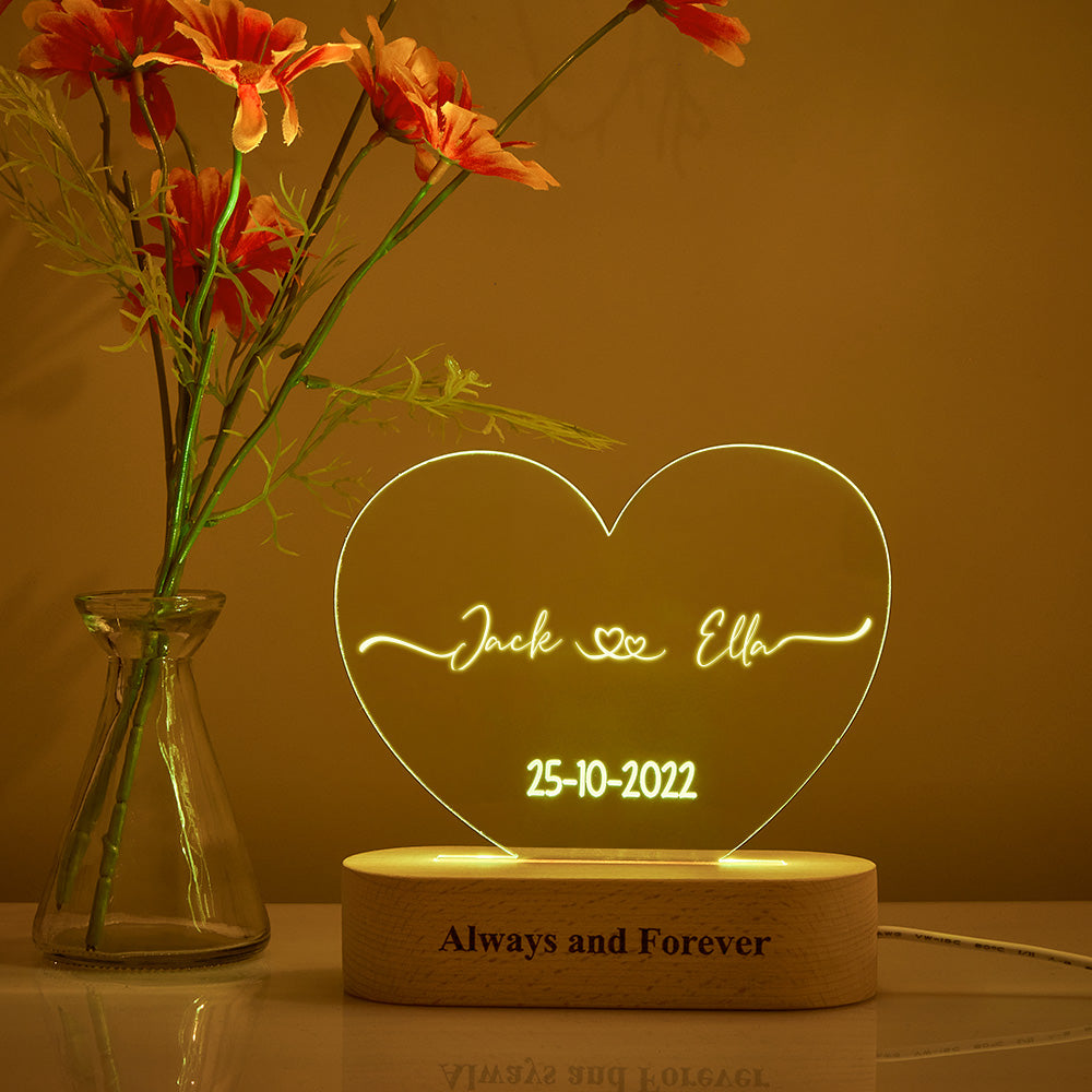 litzzy Heart Shaped Acrylic Plaque Personalized Name and Date Night Light Acrylic Plaque Warm Light 2 