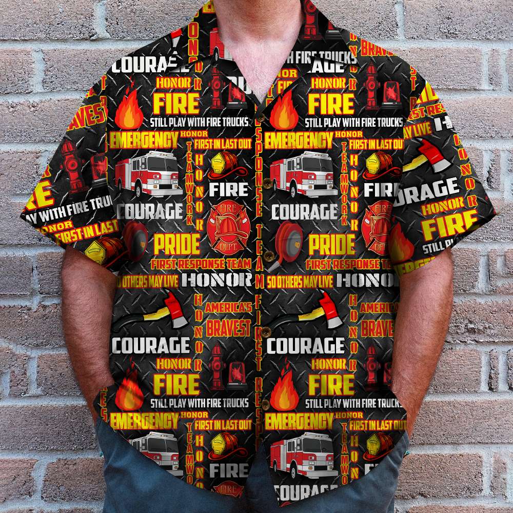 litzzy Personalized Firefighter Hawaiian Shirt - Still Play With Fire Trucks - Red Fire Pattern Hawaiian Shirt For Men, Woman, Litzzy Aloha Shirt Hawaiian Shirt   