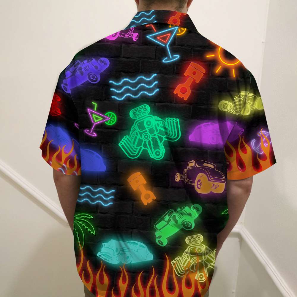 litzzy Personalized Hot Rod Hawaiian Shirt - Dad's Hot Rod Garage - Led Night Print, Beach Pattern Hawaiian Shirt For Men, Woman, Litzzy Aloha Shirt Hawaiian Shirt   