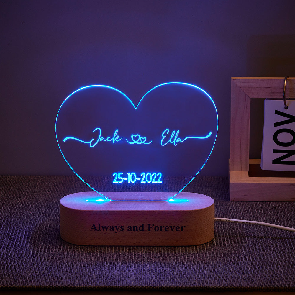litzzy Heart Shaped Acrylic Plaque Personalized Name and Date Night Light Acrylic Plaque 7 Colors Light 2 